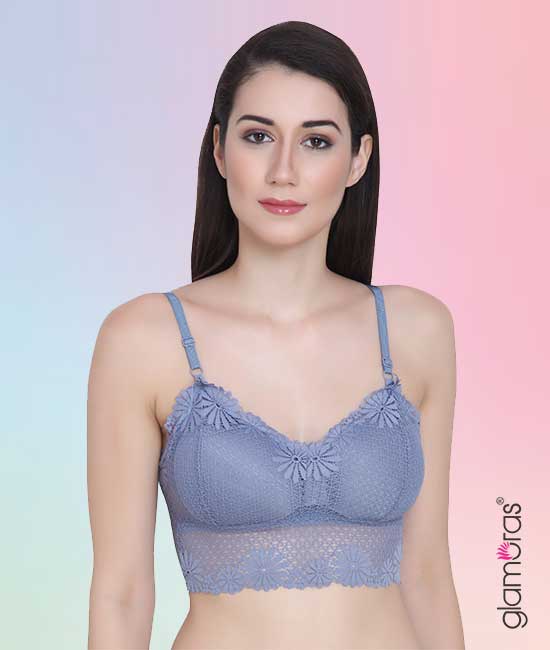 GLAMORAS Women's Cotton Lace Spandex Padded Wire Free Adjustable Straps Lace  Floral Pattern Everyday Bra, Crop Top, Free Size, Grey – Glamoras World